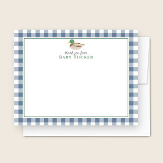 Eend Baby Boy Bedankt Blue Gingham Stationery Notitiekaartje