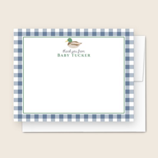Eend Baby Boy Bedankt Blue Gingham Stationery Notitiekaartje