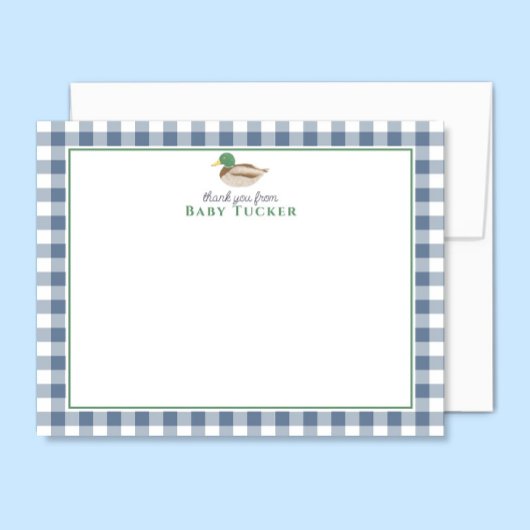 Eend Baby Boy Bedankt Blue Gingham Stationery Notitiekaartje