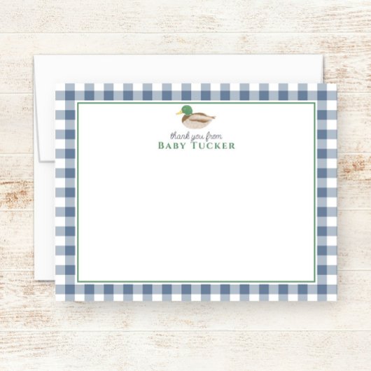 Eend Baby Boy Bedankt Blue Gingham Stationery Notitiekaartje