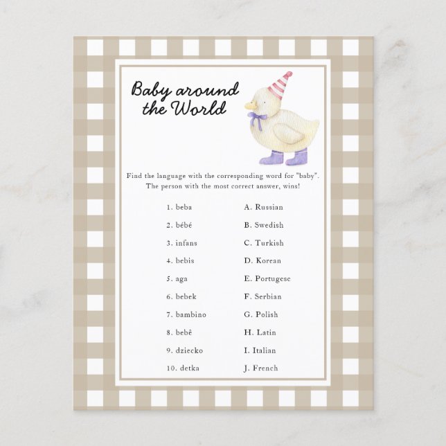 Eend baby shower - baby rond de wereld spel (Voorkant)