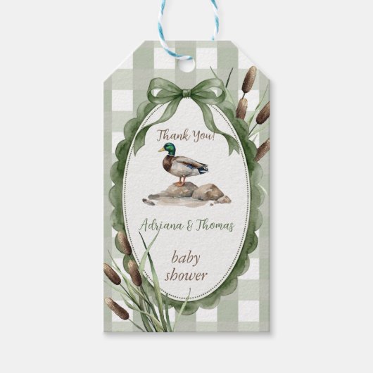Eend Baby Shower Gingham Groen Bedankt Cadeaulabel (Voorkant)