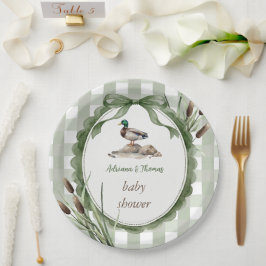 Eend Baby Shower Gingham Salie Papieren Bordje