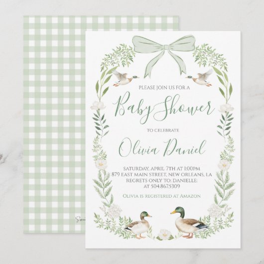 Eend Baby shower Preppy Coquette Sage Groen Kaart (Voorkant / Achterkant)