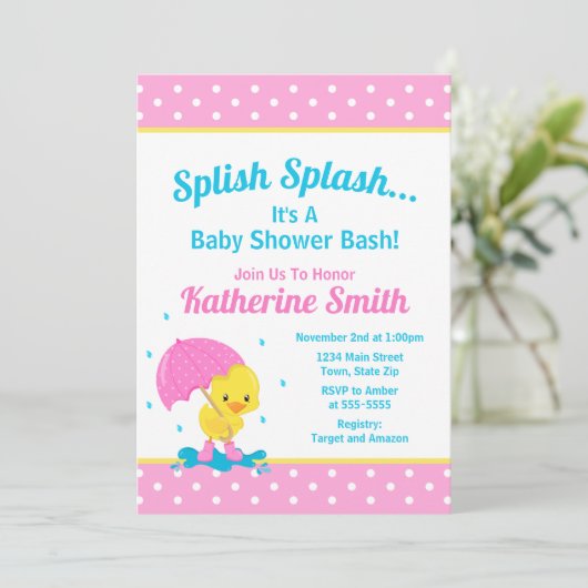 Eend Baby Shower Uitnodiging Meisje Roze (Staand voorkant)