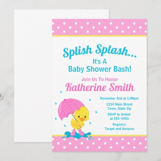 Eend Baby Shower Uitnodiging Meisje Roze (Voorkant / Achterkant)