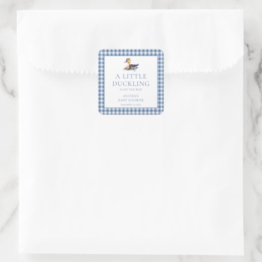 Eend Blauw Gingham Baby Shower Vierkante Sticker (Tas)