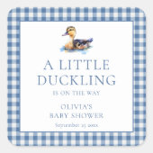 Eend Blauw Gingham Baby Shower Vierkante Sticker (Voorkant)
