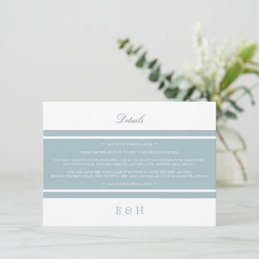Eend Ei Blauw Modern Wedding Detail Informatiekaartje (Staand voorkant)