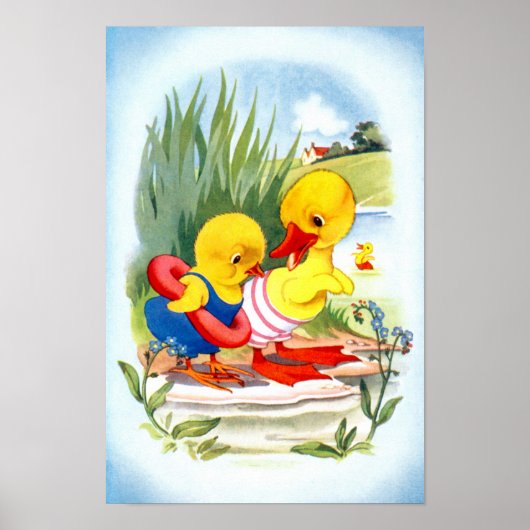 Eend en kuiken gaan zwemmen poster (Voorkant)