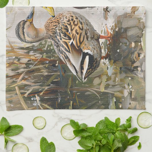 Eend en Mallard Wildlife Schilderij Theedoek (Gevouwen)