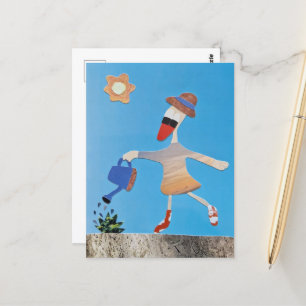 Eend geeft plant water zomer nieuw begin dansen briefkaart