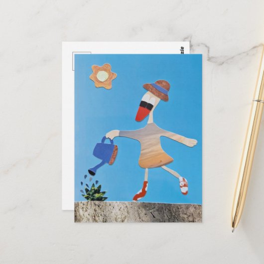 Eend geeft plant water zomer nieuw begin dansen briefkaart (Voorkant / Achterkant in situ)