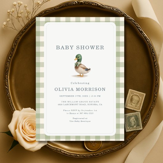 Eend Gingham Saliegroen Baby Shower Kaart