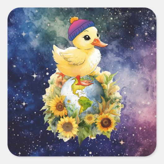 Eend in Biseksuele Vlag Kleuren Beanie op Planet Vierkante Sticker (Voorkant)