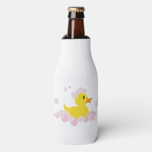 Eend in roze bubbels flesjeskoeler (Fles Voorkant)