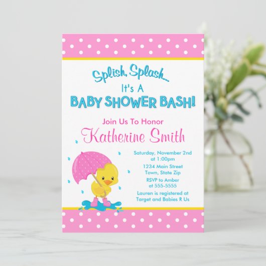 Eend Meisje Baby shower Uitnodiging 5x7 Kaart (Staand voorkant)