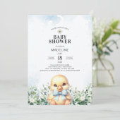 Eend met Bow Blue Boy Baby shower Invitation Kaart (Staand voorkant)