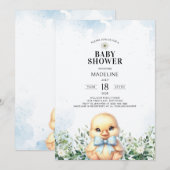 Eend met Bow Blue Boy Baby shower Invitation Kaart (Voorkant / Achterkant)