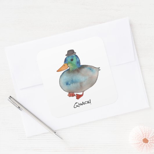 Eend met pet vierkante sticker (Envelop)