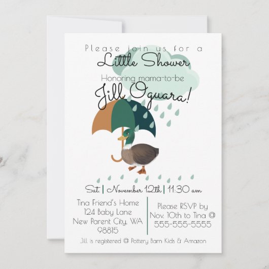 Eend met Umbrella Baby shower Invitation Flat Kaart (Voorkant)