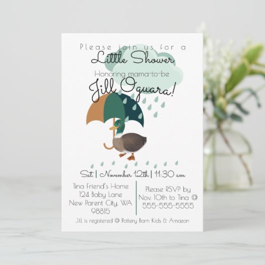 Eend met Umbrella Baby shower Invitation Flat Kaart (Staand voorkant)