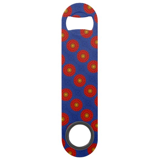 Eend op blauw met rode caleidoscoop speed flessenopener (Achterkant)