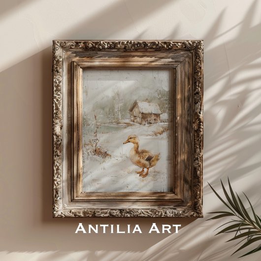 eend schilderij rustiek besneeuwd landschap poster