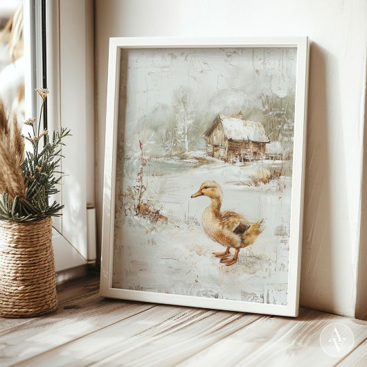  eend schilderij rustiek besneeuwd landschap poster