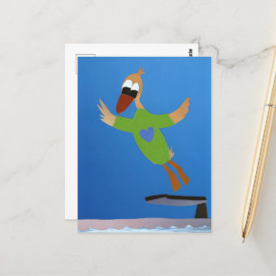 Eend springt van duikplank in water zomer vakantie briefkaart