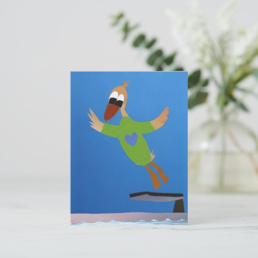 Eend springt van duikplank in water zomer vakantie briefkaart (Staand voorkant)