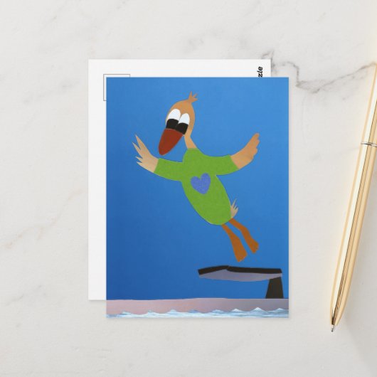 Eend springt van duikplank in water zomer vakantie briefkaart (Voorkant / Achterkant in situ)