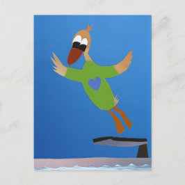 Eend springt van duikplank in water zomer vakantie briefkaart