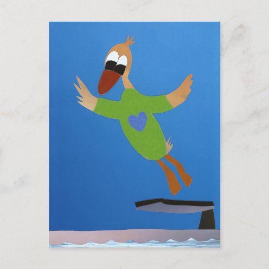Eend springt van duikplank in water zomer vakantie briefkaart (Voorkant)