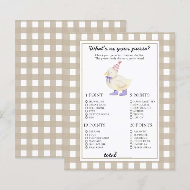 Eend - Wat zit er in je tas baby shower spel (Voorkant / Achterkant)