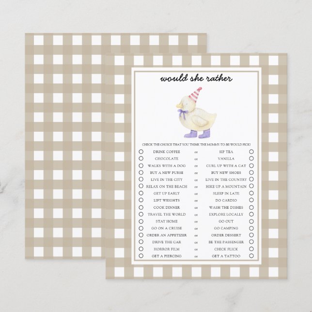 Eend Zou Ze Liever Baby Shower Spel (Voorkant / Achterkant)