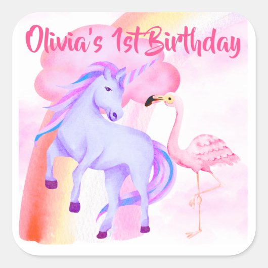 Eendags Eenhoorn Regenboog Flamingo Meisje Verjaar Vierkante Sticker (Voorkant)