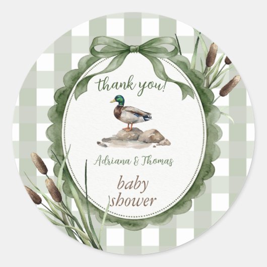 Eenden Baby Shower Gingham Bedankt Ronde Sticker (Voorkant)