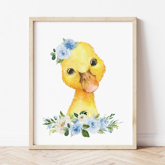 eenden, boerderijdieren, blauwe bloemen, jonge zus foto afdruk