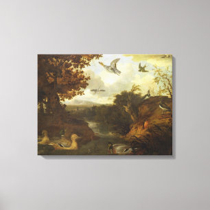 Eenden en andere vogels over een stroom in een Ita Canvas Afdruk