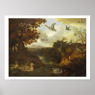 Eenden en andere vogels over een stroom in een Ita Poster