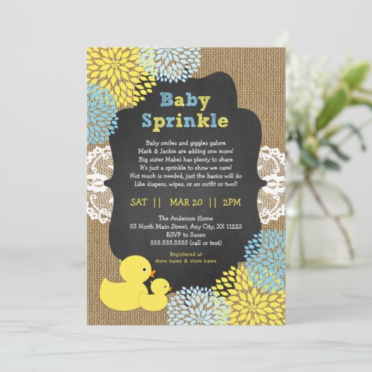 Eenden en Dahlia's baby strooien uitnodiging (Staand voorkant)