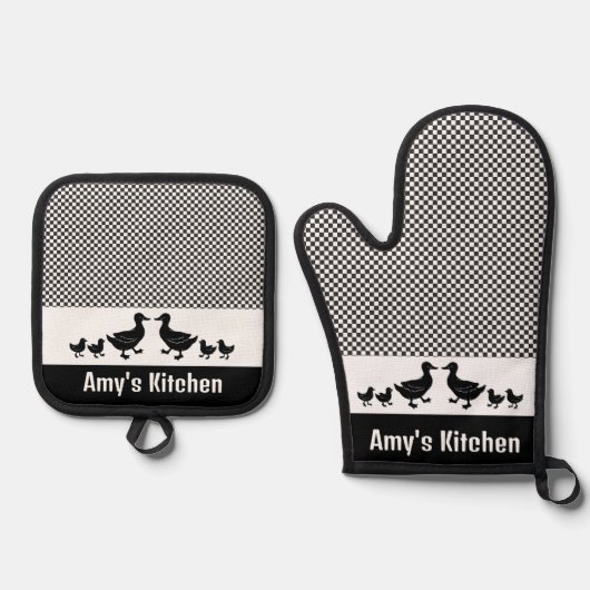 Eenden & Gingham Design Oven Mitt & Pottenhouder S Ovenwant & Pannenlap Set (Voorkant)