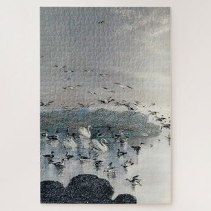 Eenden, Mallards en Zwans op het meer bij zonsonde Legpuzzel