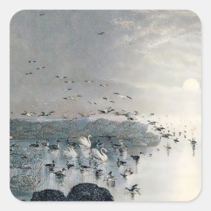 Eenden, Mallards en Zwans op het meer bij zonsonde Vierkante Sticker