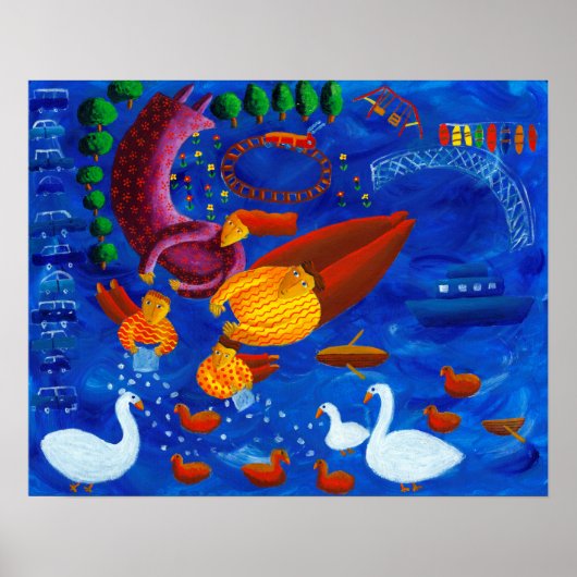 Eenden Voeren Acrylschilderij Kunstprint Poster (Voorkant)