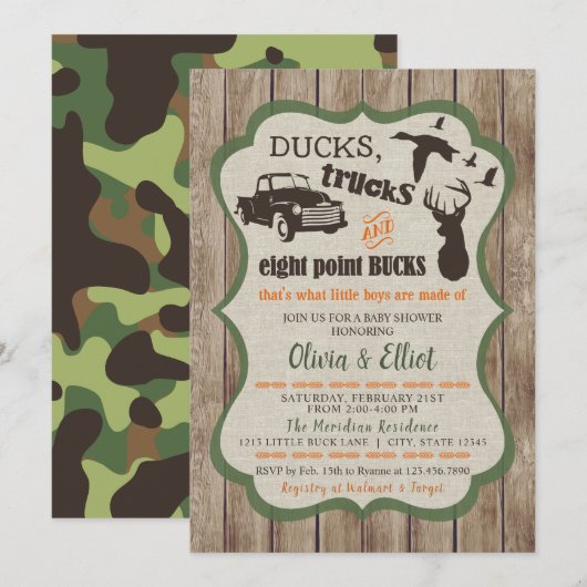 Eenden, vrachtwagens en Eight Point Bucks Deer Bab Kaart (Voorkant / Achterkant)