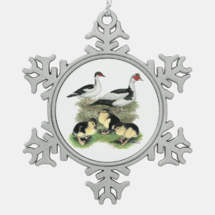 Eenden Zwarte Bonte Muskovy Familie Tin Sneeuwvlok Ornament