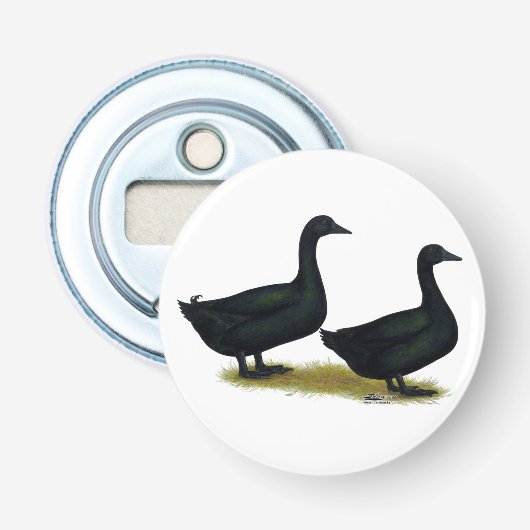 Eenden: Zwarte Cayugas Button Flesopener (Voorkant)