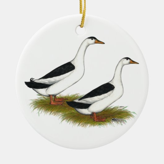 Eenden:  Zwarte Magpies Keramisch Ornament (Voorkant)